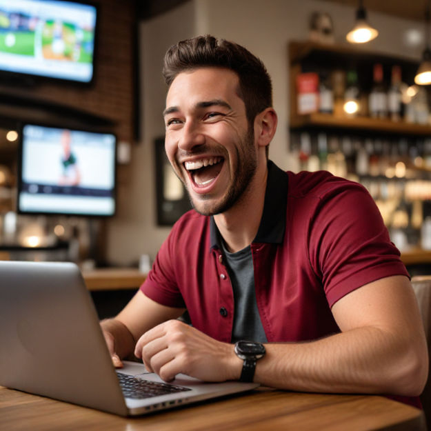 A man in a sports bar using his laptop, grinning excitedly as if celebrating a big win.