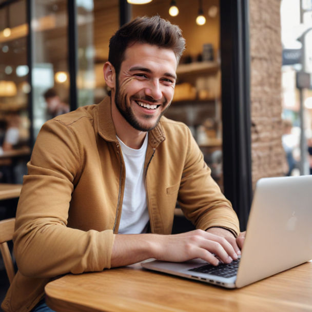 A man sits at a café with his laptop, smiling broadly as if celebrating a big win.