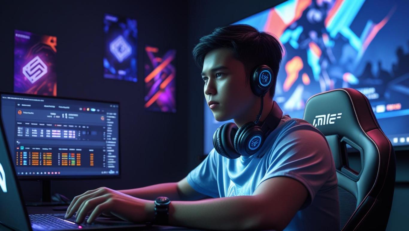 Young man betting on eSports in a gaming-themed room with laptop.