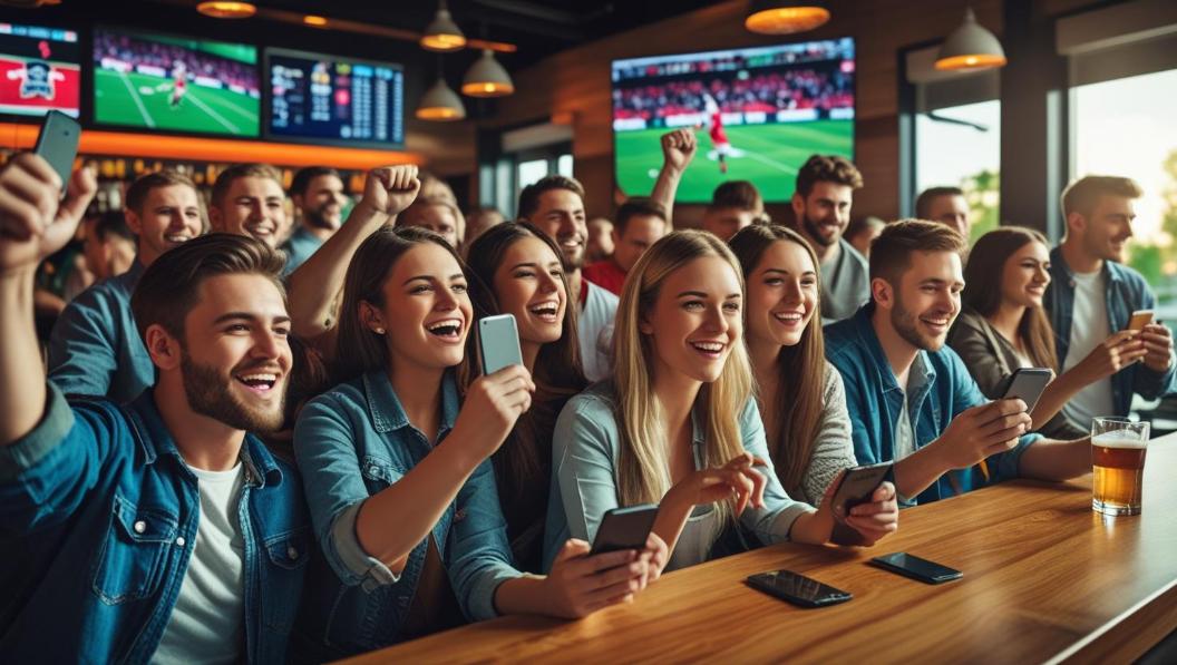 Young sports fans cheering in bar while checking live sports bets.