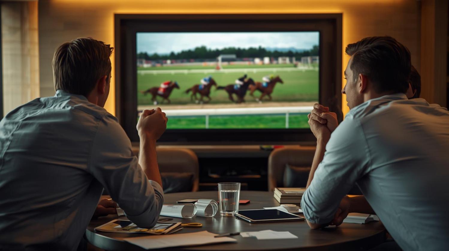 Friends cheer in betting lounge while watching blurred virtual horse racing on screen.