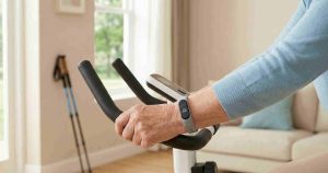 The hands of the elderly is shown holding into a treadmill at home