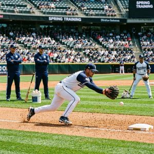 baseball spring training scene with players practicing under sunlight, coaches observing, stadium in the background